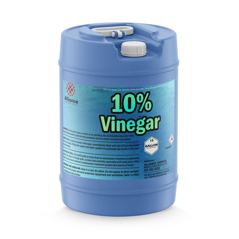 15-gallon blue HDPE carboy of 10% industrial vinegar solution (acetic acid), UN2790 hazard class, with safety cap and handling warnings.